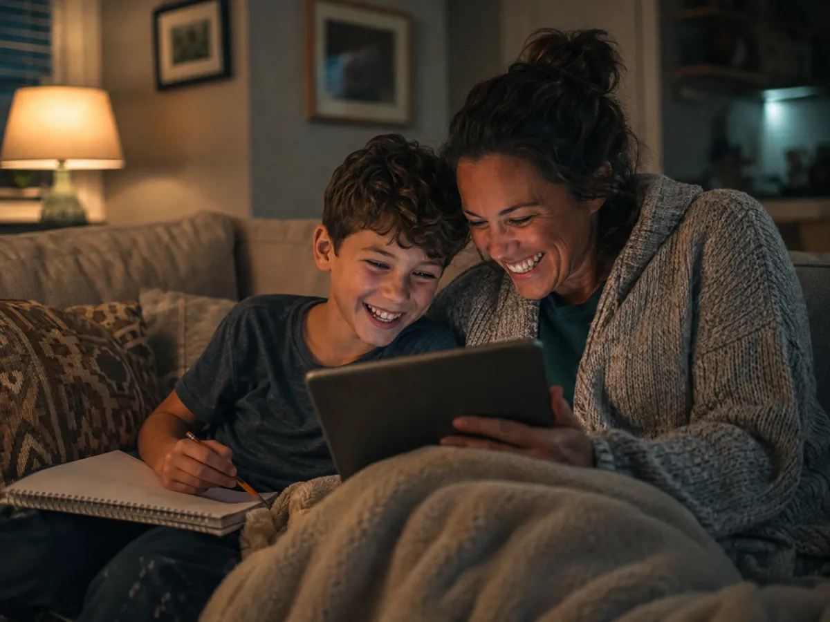 A mom and son laughing through a level together