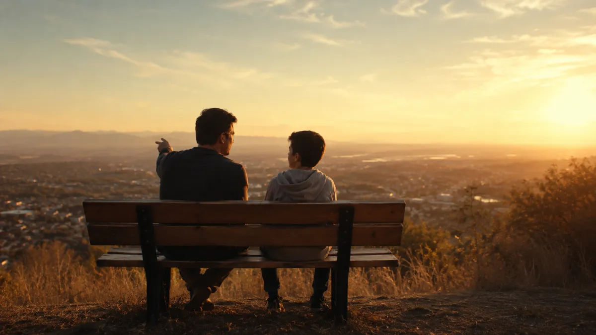 A parent and kid talking on a hilltop at golden hour