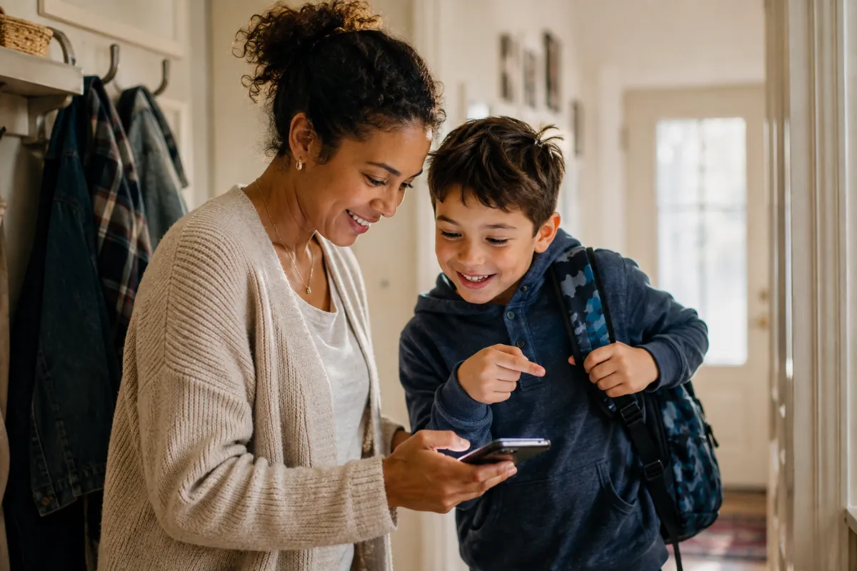 A mom and son checking the week together before school