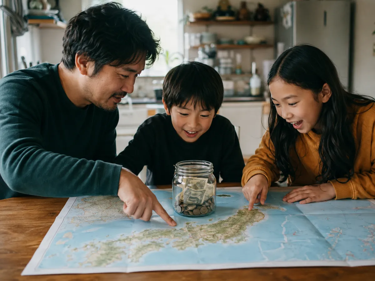 A family planning their trip around a map and savings jar