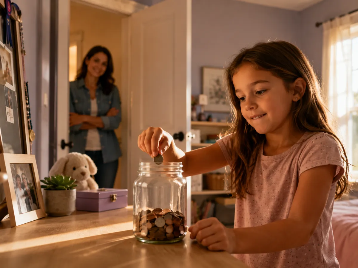 A girl saving her quest money in her jar