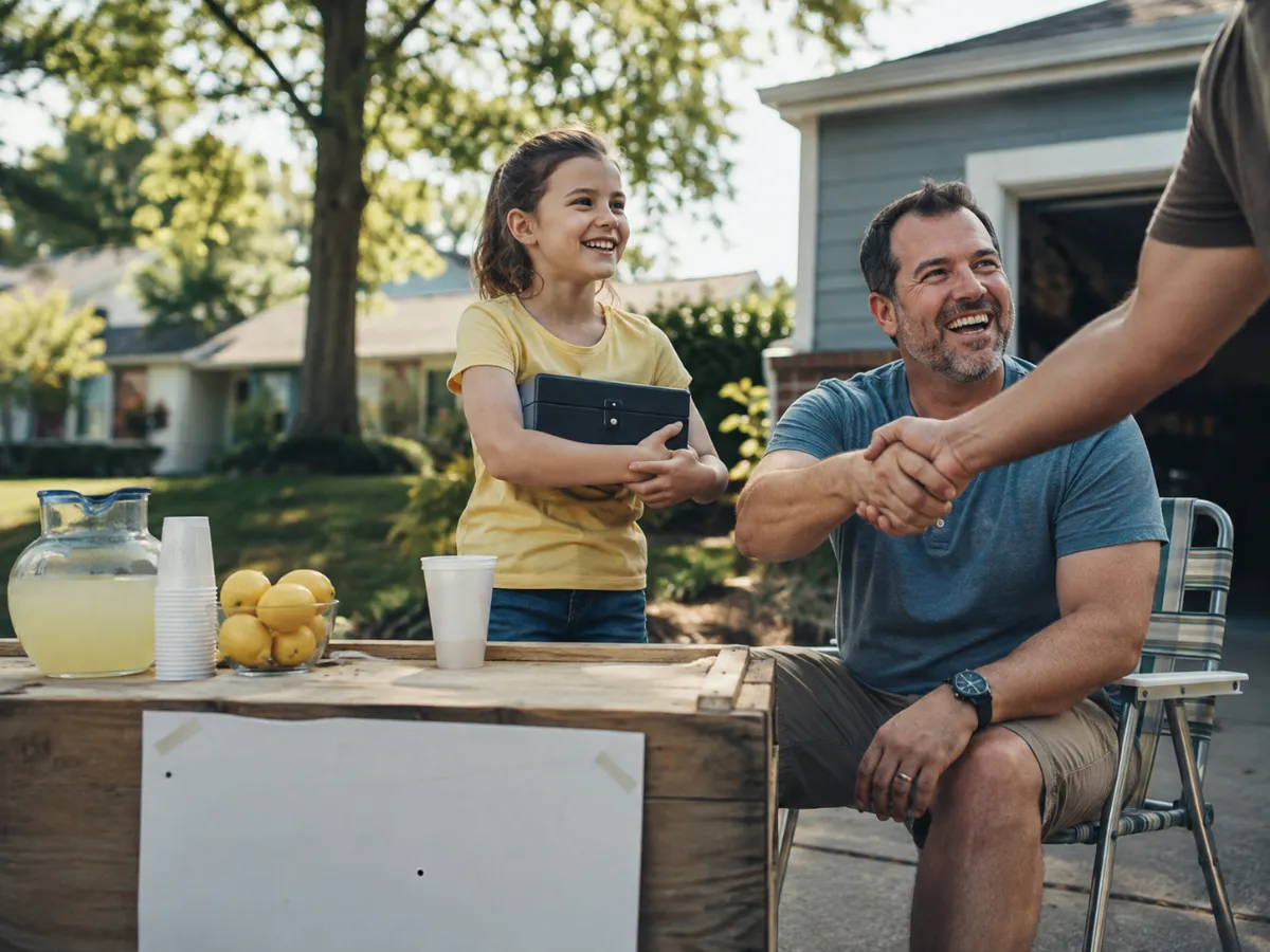 A dad and daughter running their lemonade stand together