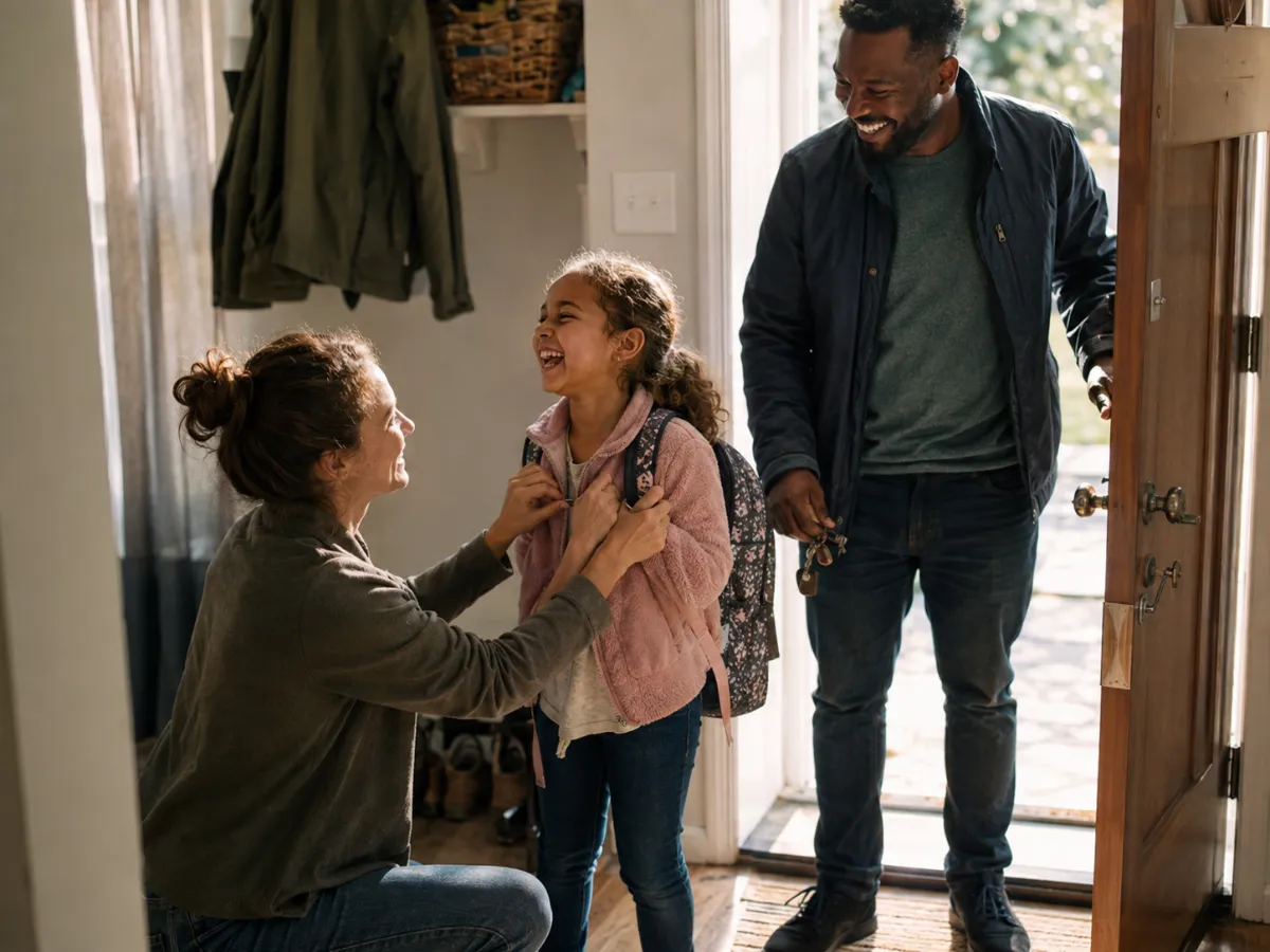 Parents sharing an easy school-morning handoff