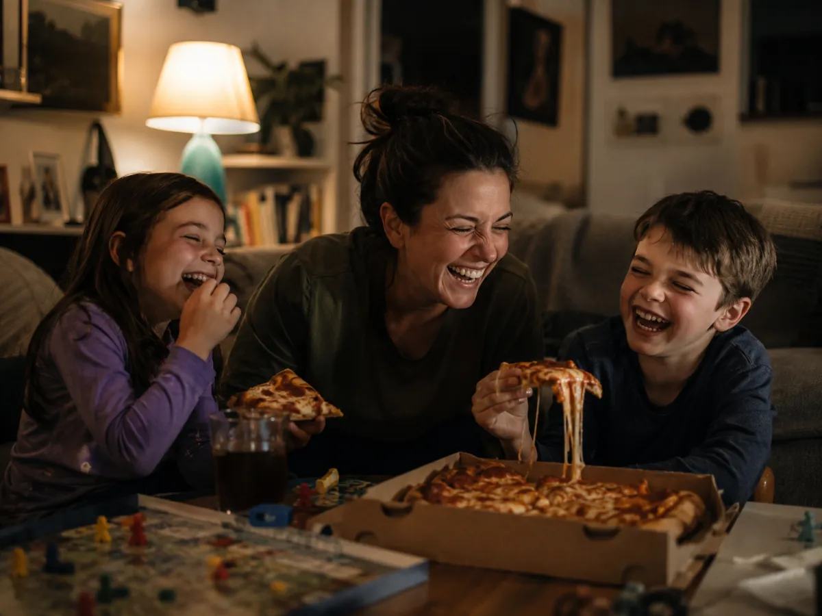 A parent and kids laughing over pizza night