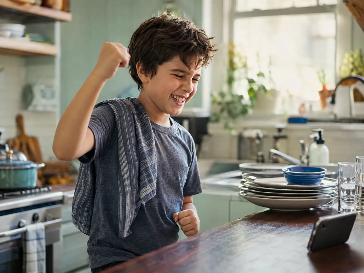 A kid celebrating a finished chore in the kitchen