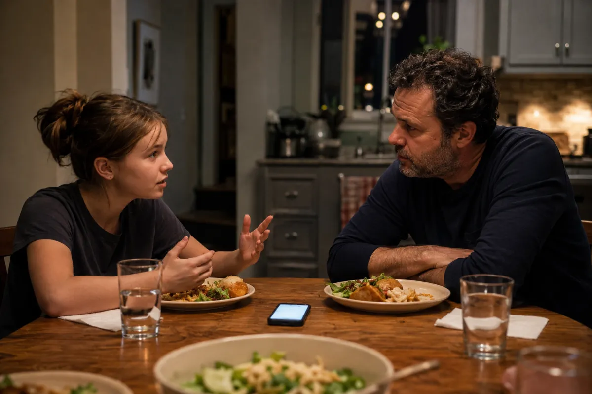 A dad and his teenage daughter talking it out with the referee on the table