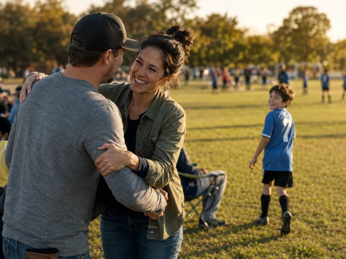 Parents sharing a warm moment while their son beams from the field
